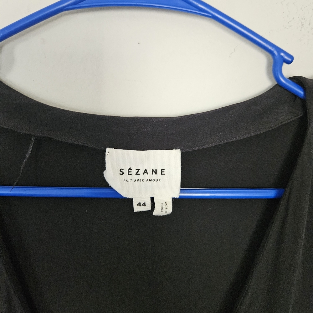 Sezane Aura Black 100% Silk Tiered Mini Dress Button Front Size 44/L - Picture 4 of 9